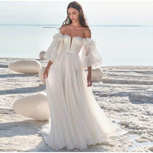 Simple & Charming V-neck Neckline Wedding Dress vestido de festa Split Slit Formal Bride Dress Off The Shoulder Bridal Gowns