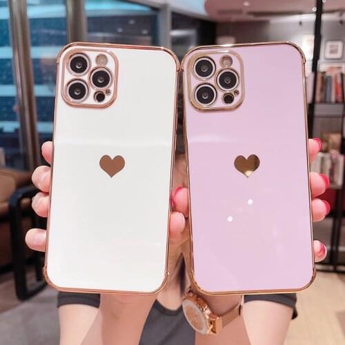 Luxury Cute Heart-shaped Gold Plated Silicone Phone Case For iPhone 12 11 Pro XS Max XR 8 7 Plus Ultra-thin Electroplated Cover