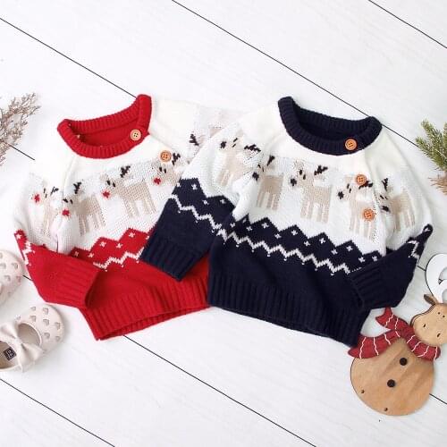 Christmas Children Girls Boy Knitted Cartoon Sweater Round Neck Long Sleeve Loose Sweater with Elk Pattern for Spring and Winter