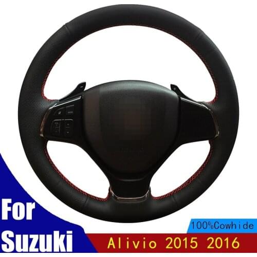 Car Steering Wheel Cover Black Genuine Leather Stitching Durable Comfortable Hand-stitched For Suzuki Alivio 2015 2016