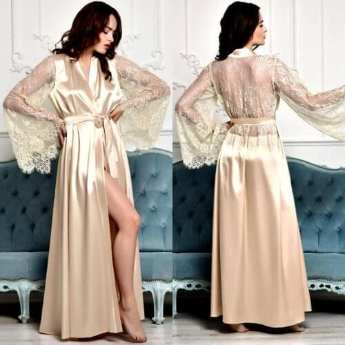 Champagne Bridal Robes Lace Silk Satin Wedding Sleepwear Bathrobes Nightgowns Long Robe Women Boudoir Dresses Kimono