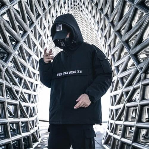 Techwear Streetwear Hip Hop Padded Hoodie Pullover Men Black Loose Oversized Harajuku Punk Multi Pockets Casual Tactical Jacket