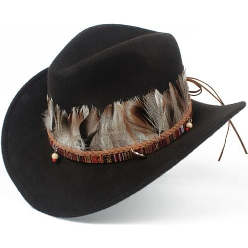 2019 Women Wool Hollow Western Cowboy Hat Elegant Lady Outblack Fascinator Leather Sombrero Hombre Jazz Cap