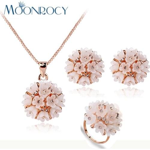MOONROCY Drop Shipping Rose Gold Color Flower Cute CZ Austrian Crystal Necklace Earrings and Ring Jewelry Set for Girls Women