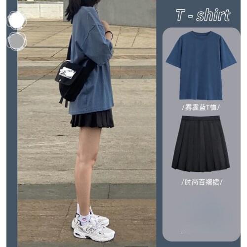 Suit Skirt Summer Womens 2021 New Plus Size Womens Casual T-shirt + Pleated Skirt Two-piece Suit