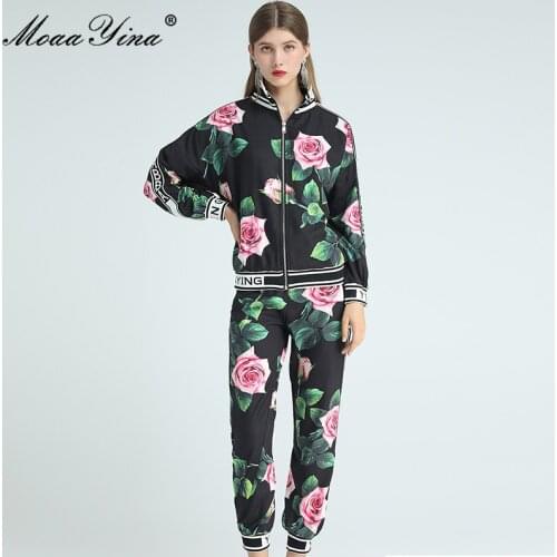 MoaaYina Fashion Designer Suit Spring Autumn Women Long sleeve Rose Floral-Print Tops+Trousers Casual Motion Two-piece set