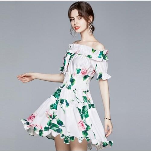 WTIANYUW New Arrival Bohemian Summer Rose Flower Print Women Short Sleeve Elastic High Waist Runway Ruffle Patchwork Dress