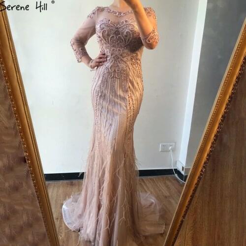 Serene Hill Dubai Design Pink Long Sleeves Evening Dress 2020 Beading Sequined Sexy Back Illusion Formal Party Gown CLA6616