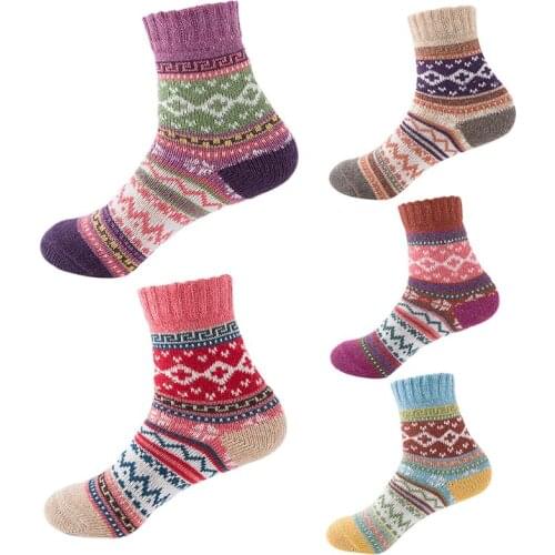 5 Pairs Women Vintage Thick Warm Knitted Crew Socks Ethnic Multicolor Geometric Striped Print Cotton Casual Hosiery Gift