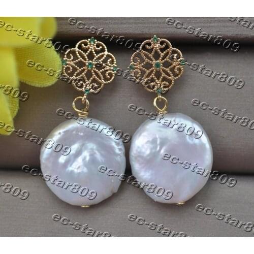 Z11393 16mm White Coin Freshwater Dangle Earring CZ