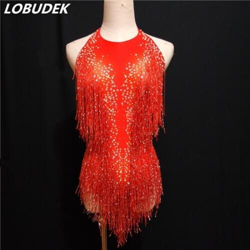 Sparkly Crystals Zentai Red Tassels Bodysuit Sexy Backless Skinny jumpsuit Bar Nightclub Women Singer DJ Performance Dance Wear