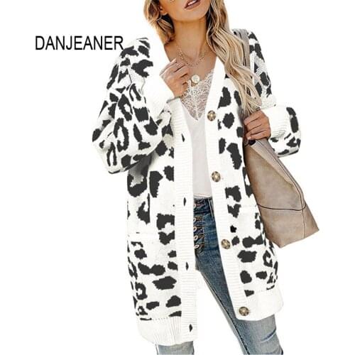 DANJEANER V Neck Single Breasted Leopard Long Cardigan Coats Women Thick Casual Knitted Sweaters with Pockets Oversized Sweater