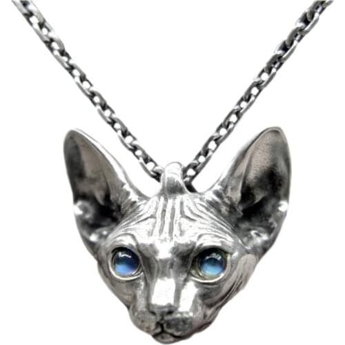 New solid pure 925 silver cat pendant for woman moonstone eyes hairless cat couple pendant original silver creative gift