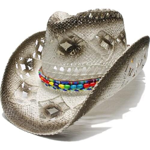 LUCKYLIANJI Womens Mens Unisexs Vintage Wide Brim Straw Sun Beach Cowboy Cowgirl Western Hat National Wind Beads Band (58cm)