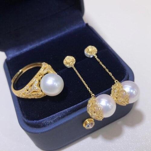 D830 Pearl Set Fine Jewelry 925 Sterling Silver Round 9-10mm Nature Fresh Water White Pearls