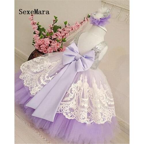 Lilac flower girl dresses with lace and bow silver sequins kid tutu dress baby girls birthday party gown