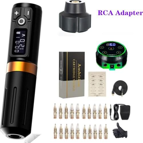 Professional Wireless Tattoo Machine Pen Brush Coreless Motor Aurora-2 LCD Digtal Power Cartridge Needle RCA Adapter Kit