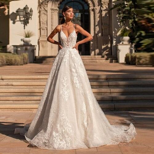 Robes De Mariage A-Line Wedding Dress Spaghetti Straps Princess Abito Da Sposa V-Neck Trouwjurk Appliques Tulle Hochzeitskleid