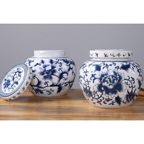Blue and White Porcelain Tea Caddy Decoration Large Container Household Food Chinese Medicine Ointment Coffee Bean Storage Tank