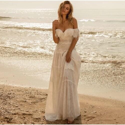 Bohemian Beach Wedding Dresses 2021 A-Line Sweetheart Off The Shoulder Lace Ruffles Bridal Gown Tulle Backless Vestidos De Noiva