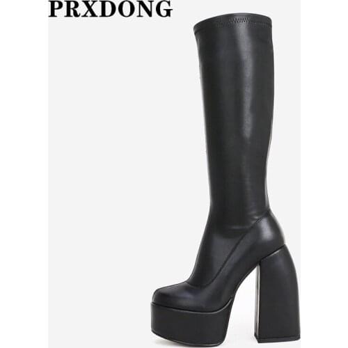 New Sexy Women Boots Chunky High Heels Thick Platform Black Microfiber Leather Zipper Autumn Winter Knee High Stretch Boots 40
