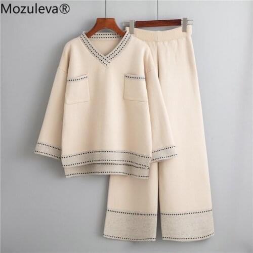 Mozuleva 2020 Winter Loose Knitted 2 Piece Set Women Tracksuit New Autumn Wide Legs Pant Suit Pullovers Sweater Set Knitted Suit