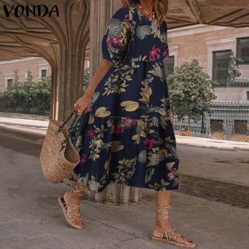 Womens Dress Summer Long Dresses Short Sleeve Sundress Bohemian Floral Printed Party Vestido VONDA Casual Robe Femme Plus Size