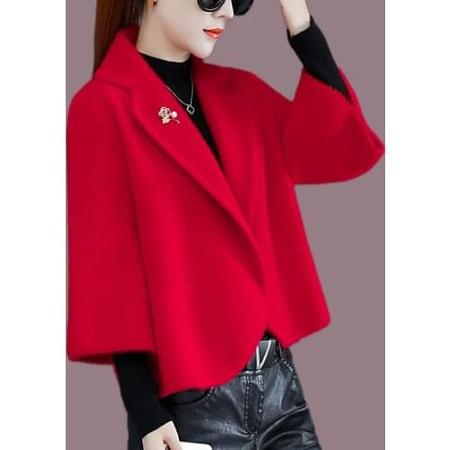 Womens Coats Mink Fleece Shawl Large Size Fashion Trench Coat Female 2021 Spring Autumn Short Chic Solid Woolen Coat Outerwear