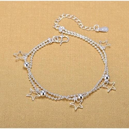 925 Sterling Silver Double Layer Tassel Star Round Bead Charm Bracelet &Bangle Anklets For Women Girls Party Jewelry sl289