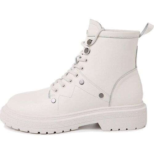 Round Toe Square Heel Martin Boots Lace-Up Pure Color Short Boots WomenS Platform Shoes