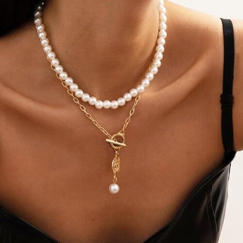 Ladies Elegant Toggle Clasp Retro Medal Pendant Pearl Layered Necklace Alloy Cross Chain Choker Y-Shaped Clavicle Chain