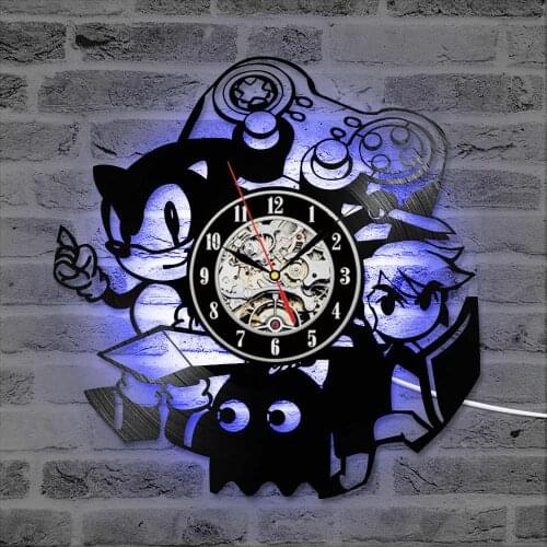 Sonic Game Vinyl Record Clock Creative Antique Style Wall Decor LED Clock Gift for Kids 3D Silent Record Clock With 7 Clock