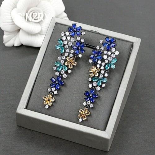 SINZRY goegous cubic zirconia flower long dangle earrings colorful personality bridal party earring for wedding