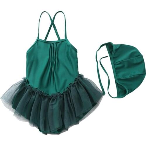 6 Colors Girls Summer Swimsuit Set Backless Sleeveless Tulle Dress Bodysuit and Cap Two-Piece Suit for Vacation Swimming Beach