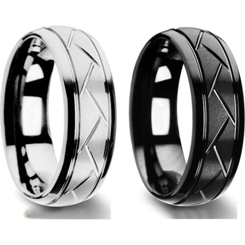 Fashion Black/Silver Color Stainless Steel Rings Statement Anniversary Jewelry Punk Groove Cut Tires Rings for Men Accessories