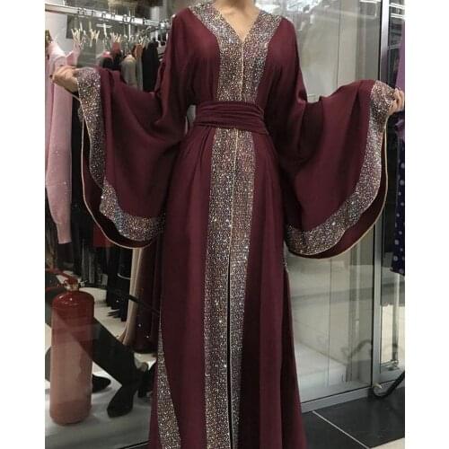 Muslim Dress Women Dubai Arab Inlaid Bright Stone Abaya Cardigan Dress Batwing Sleeve Kaftan Long Robe Ramadan Prayer Prom
