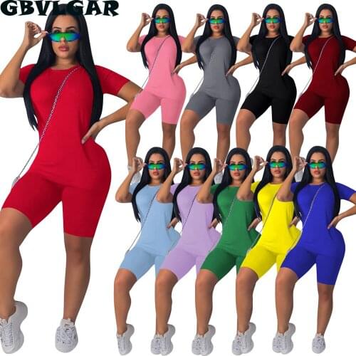 Two-piece Solid Color Womens Clothing Short-sleeved Crew Neck T-shirt and Tight-fitting Shorts Simple Style Tracksuit Outfit