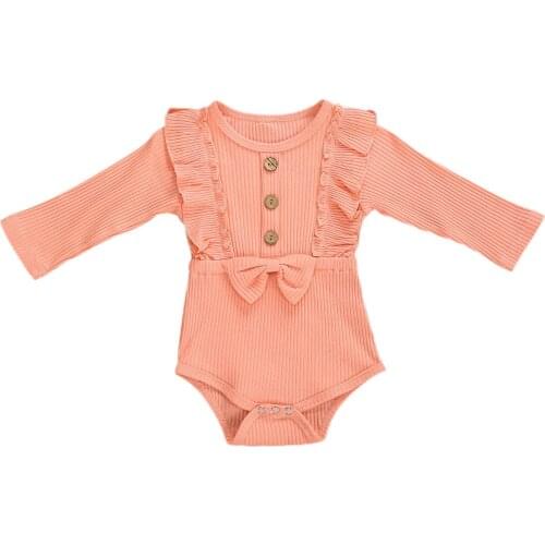 0-24M Spring Autumn Baby Romper Newborn Infant Baby Girl Solid Color Round-Neck Ruffle Long-Sleeves Bowknot Rompers Outfits