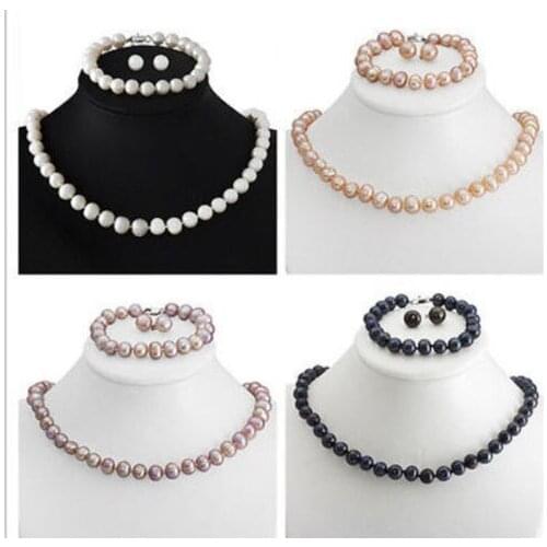 Genuine 8-9mm Freshwater Cultured Pearl Necklace Bracelet & Earrings Set 18" 7.5