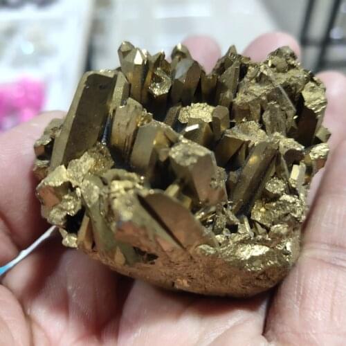 Rare and beautiful electroplated yellow flame halo quartz crystal cluster specimen healing energy stone