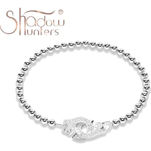 SHADOWHUNTERS Luxury 100% 925 Silver Bracelet Handcuff Clasp With Clear Zircon High Quality Women Ball Chain Jewelry Menottes