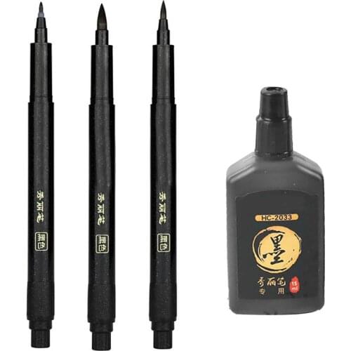 4Pcs Portable Pens 3 Different Nib Felt Tip Brush Refillable Ink Pen for Writing Calligraphy Exercises Signature Black