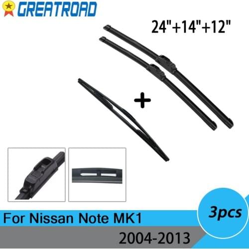 Wiper Front + Rear Wiper Blades Set Kit For Nissan Note MK1 2004 2005 -2013 2012 2011Windshield Windscreen Rear Window 24"14"12"