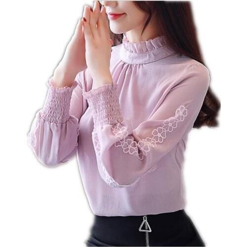 Chiffon Blouse Women Tops 2019 New Spring Autumn Appliques Shirts Female Solid Color Long Puff Sleeve Femininas Blusas Q1208