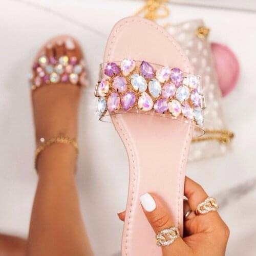 Home Leisure Flip Flop 2020 New Slippers, Summer Womens Sandals Colored Gemstones Beaded, Flat Non-slip Durable Beach Slippers