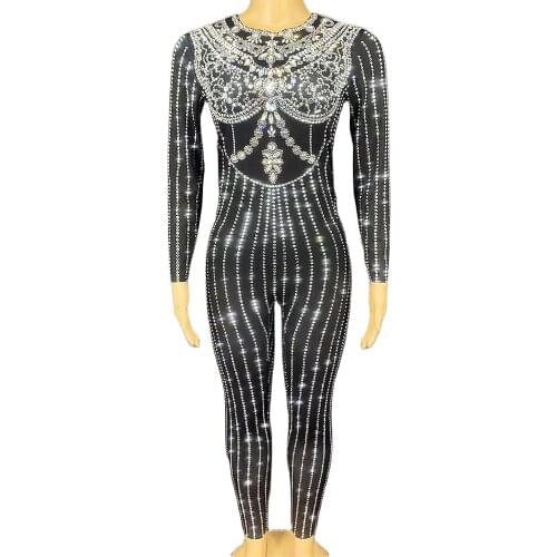 Shining Full Rhinestones Long Sleeve Tights Jumpsuit Striped Printing Bar Dance Clothing Womens Party Costumes Performance Suit