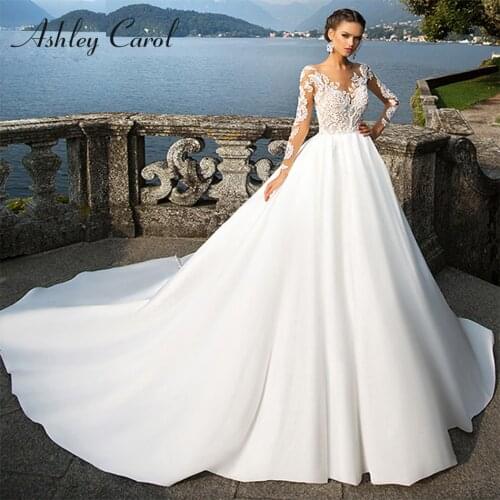 Ashley Carol A-Line Wedding Dress 2021 Graceful Scoop Satin Princess Bride Long Sleeve Button Appliques Beach Bridal Gown