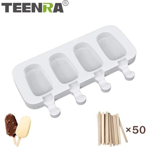 TEENRA 4 Cavities Silicone Ice Cream Mold Popsicle Molds DIY Ice Pop Molds Dessert Freezer Fruit Juice Ice Pop Maker Mould