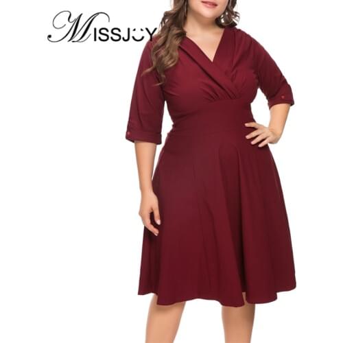 MISSJOY Vintage Party Autumn Women Dresses Casual Plus Size 2019 Half Sleeves Knee-Length Black High Waist Female Elegant Zipper