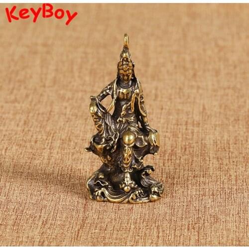 Vintage Brass Pocket Guan Yin Buddha Figurines Key Chain Pendant Jewelry Copper Car Keychain Rings Hanging DIY Keyring Accessory